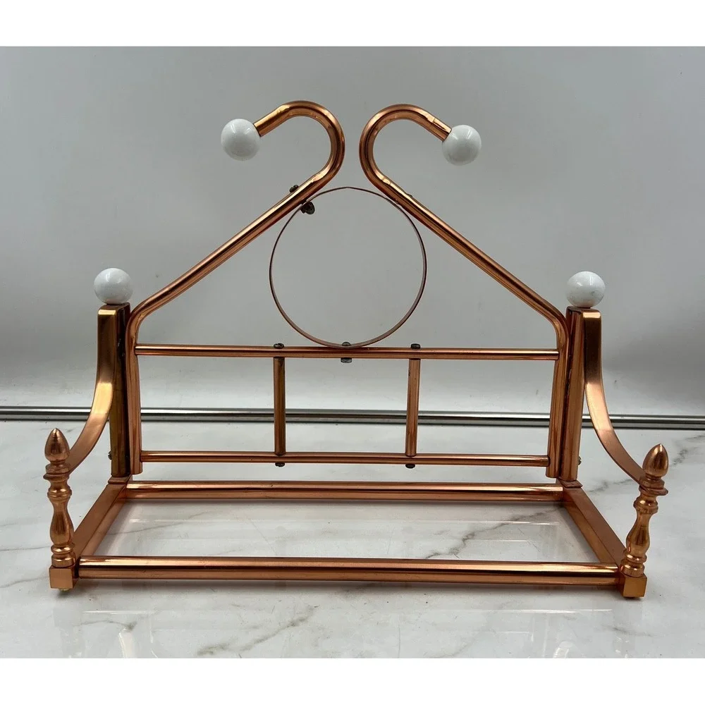 Vintage Copper Metal Wall Rack Towel Holder Scroll Design White Ceramic Finials